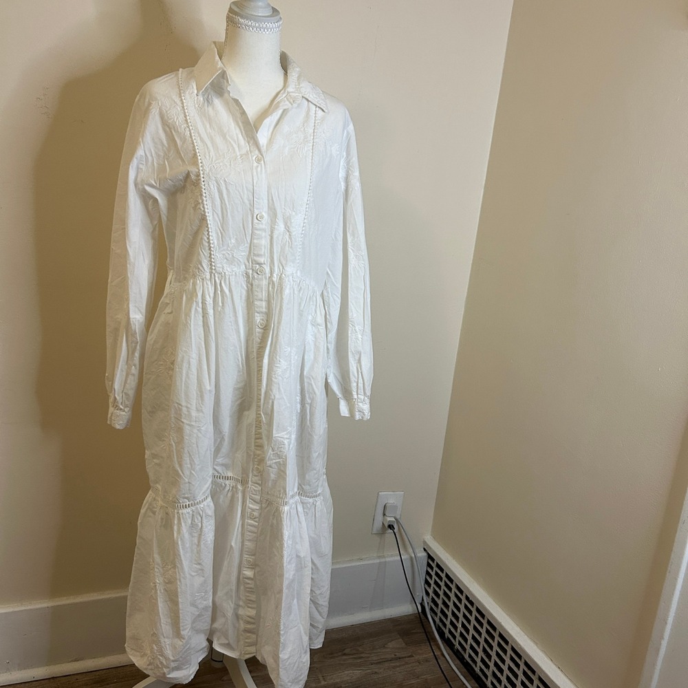 Zara White Floral Embroidered Cotton Tiered Midi Shirt Dress Long Sleeve L - Picture 9 of 10